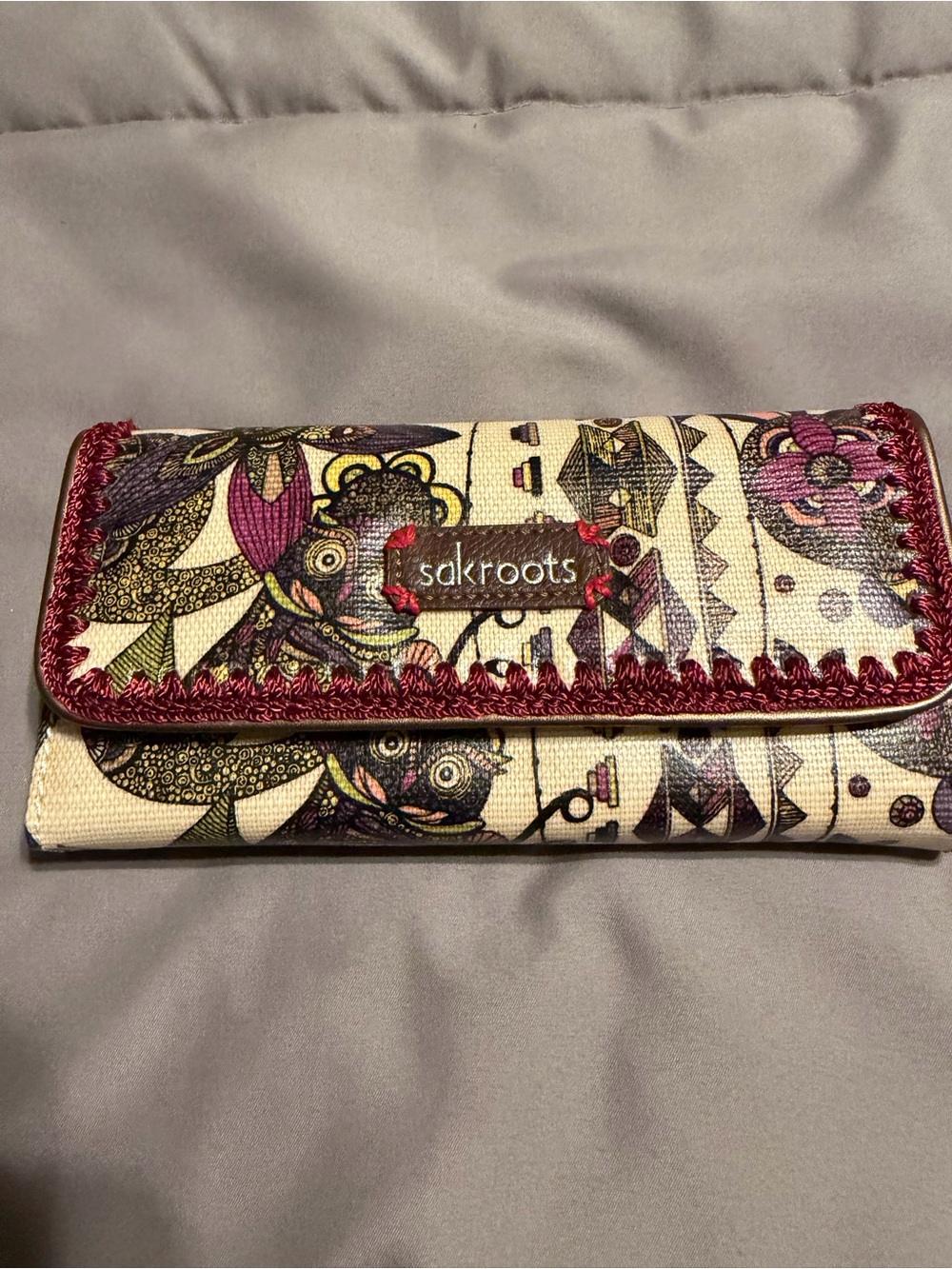 Sakroots Cream Floral Trifold Wallet with Burgundy Trim